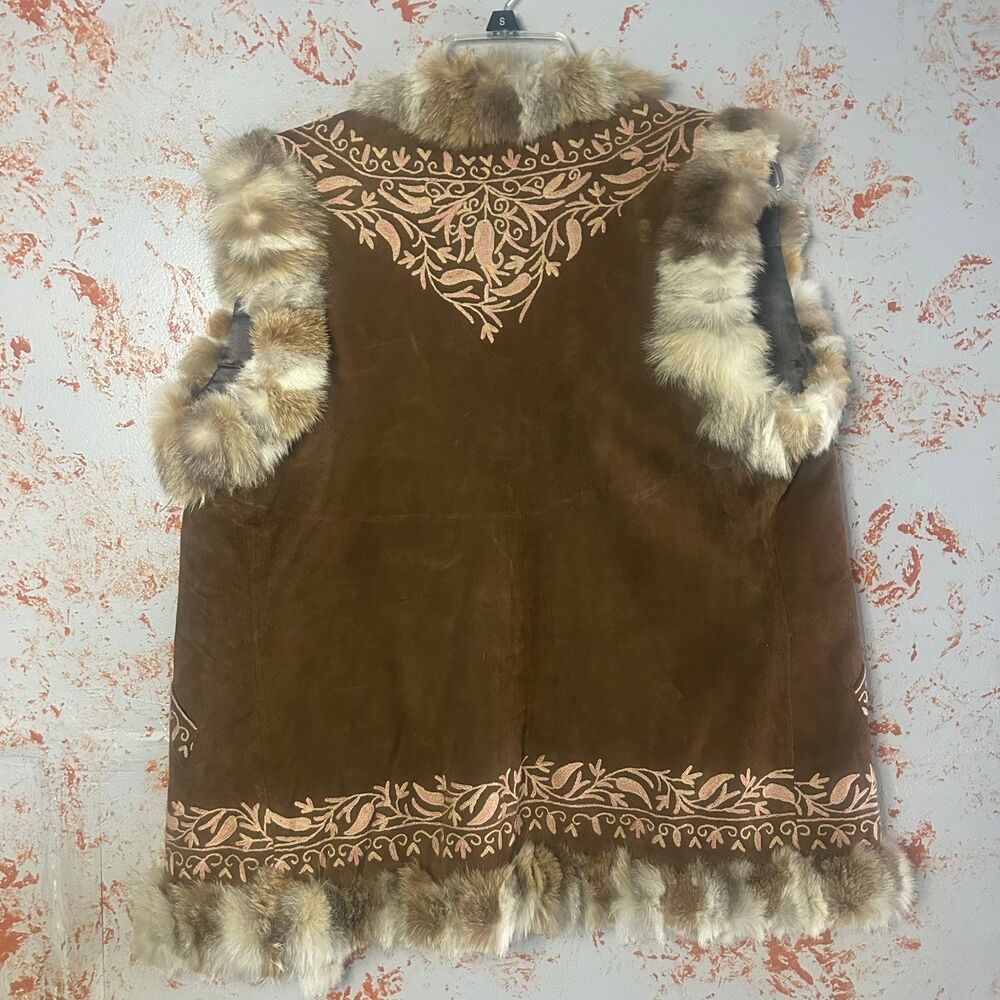 Boho Embroidered Faux Fur Trim Vest Brown Faux Suede Western Festival Small - Picture 5 of 9